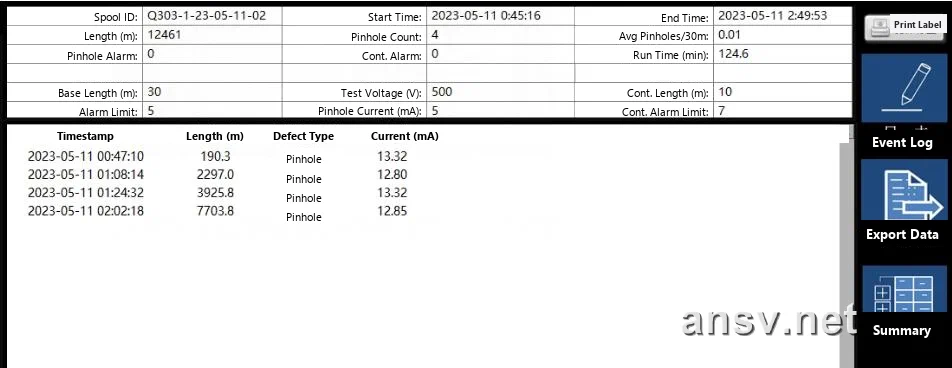 Continuous high-voltage continuity spark testing log